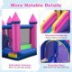 Kids inflatable bounce house with pink towers, elevated handrails, and rounded door for safe play and supervision.
