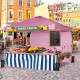 Foldable pink pop-up canopy with adjustable height, perfect for outdoor events and featuring a customizable banner.
