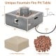 28-inch gray propane fire pit table with fountain, 50,000 BTU output, includes PVC cover and lava rocks for outdoor use.