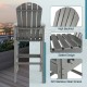 Gray 30-inch counter height outdoor HDPE bar stool with armrests, high backrest, and slatted design for comfort.