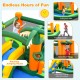 Big inflatable bounce house with slide, basketball hoop, and volleyball net for indoor and outdoor fun.
