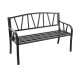 Black patio garden bench with metal frame and slatted seat, ergonomic backrest, ideal for porch or backyard relaxation.