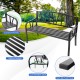 Black patio garden bench with slatted seat, curved armrests, and non-slip foot pads for outdoor comfort and stability.