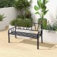 Black patio garden bench with metal frame and slatted seat, designed for comfort and stability in outdoor spaces.