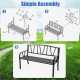 Patio garden bench assembly instructions showing a black metal frame with slatted seat for outdoor use.