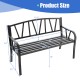 Black patio garden bench with metal frame, slatted seat design, measuring 50" for outdoor relaxation and comfort.