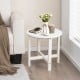 White 18-inch round weather-resistant Adirondack side table with slatted top, perfect for outdoor or bathroom use.