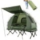Foldable 2-person camping tent cot with air mattress, sleeping bag, and waterproof fabric for outdoor adventures.