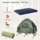 Foldable 2-person camping tent cot with air mattress, sleeping bag, and accessories, ideal for outdoor adventures.