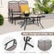 Outdoor gliding loveseat chair set with tempered glass coffee table, featuring ergonomic design and powder-coated metal.