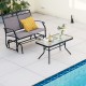 Outdoor gliding loveseat chair with a tempered glass coffee table, perfect for poolside relaxation and backyard.