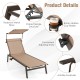 Brown outdoor chaise lounge chair with adjustable sunshade, 6-position backrest, and hidden cup holder for poolside.