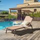 Brown outdoor chaise lounge chair with adjustable sunshade, 6-position backrest, and rotary cup holder for poolside.