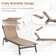 Outdoor chaise lounge chair in brown with adjustable sunshade and 6-position backrest for poolside relaxation.