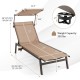 Brown outdoor chaise lounge chair showcasing dimensions and adjustable sunshade, designed for backyard or poolside use.