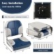 Low back boat seat set in blue with sponge padding, aluminum hinges, and folding design for easy storage and.