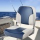 Low back boat seat in blue with sponge padding, waterproof PVC leather, and aluminum hinges for comfort and durability.
