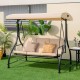 Three-seat outdoor porch swing with adjustable beige canopy, removable cushions, perfect for patio relaxation.