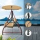 3-seat outdoor porch swing with adjustable beige canopy, sturdy metal frame, and curved handrails for patio relaxation.