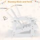 White outdoor wooden kid Adirondack rocking chair showing 30° tilt motion, featuring a slatted seat for comfort.