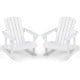 White outdoor wooden kid Adirondack rocking chairs with slatted seats, perfect for relaxing in your outdoor space.