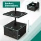 Fillable umbrella base with table tray, black, featuring adjustable knob and dimensions for stability and versatility.