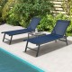 Navy 3-piece patio chaise lounge chair and table set with adjustable backrests, perfect for poolside relaxation.