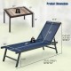 Dimensions of the 3-piece patio chaise lounge chair and table set, featuring a navy adjustable backrest and wood-like.