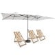 Double-sized 15 feet beige patio umbrella with crank handle and vented tops, providing ample coverage for outdoor.