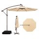10 feet cantilever umbrella in beige with solar LED lights, sandbag base, and sturdy steel ribs for outdoor stability.