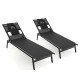 Black patio sunbathing lounge chairs with adjustable 5-position backrest and headrest pillows, ideal for poolside.