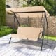Beige 2-seat outdoor convertible swing chair with adjustable canopy, suitable for garden or backyard relaxation.