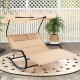 Beige outdoor rocking chaise lounge with canopy, ergonomic design, and wheels for easy movement, perfect for poolside.