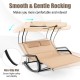Beige outdoor rocking chaise lounge for 2 with adjustable canopy, soft pillows, and wheels for easy movement.