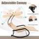 Beige outdoor rocking chaise lounge for 2 with adjustable canopy, ergonomic design, and wheels for easy movement.