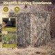 Portable pop-up hunting blind for 2-3 people with camouflage design, silent sliding window, and easy setup.