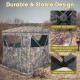 Portable pop-up hunting blind for 2-3 people, featuring durable 150D flame-retardant fabric and multiple windows for.