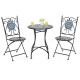Three-piece patio bistro set with mosaic pattern, featuring folding chairs and a heavy-duty metal frame for stability.