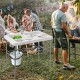 Folding fish cleaning table with double sinks, heavy-duty metal frame, ideal for camping and picnics.