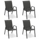 Set of four brown patio dining chairs featuring PE rattan seats and backs, designed for outdoor use and stackable.