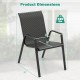 Patio rattan dining chair dimensions showing ergonomic design, sturdy metal frame, and stackable feature for outdoor.