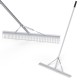 Aluminum rake featuring a double-sided head with sharp tines, designed for versatile gardening and lawn care tasks.