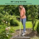 Aluminum rake with a 36" wide head and 68" long handle, designed for efficient lawn care and reduced back strain.
