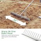 36-inch wide aluminum rake head with sharp tines and 68-inch long handle, ideal for efficient lawn care and gardening.
