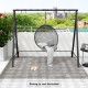 Patio metal swing stand in black with A-shaped structure, ideal for various swings, shown on a stylish patio setting.