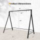 Patio metal swing stand dimensions showing A-shaped structure, black finish, and sturdy rustproof frame for stability.