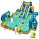 Kids inflatable water slide with two long slides, splash pool, and soccer gates for summer fun in the backyard.