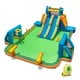 Kids inflatable water slide featuring 2 long slides, splash pool, and soccer gates for summer fun in the backyard.