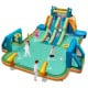Kids inflatable water slide featuring 2 long slides, splash pool, and soccer gates for summer fun in the backyard.
