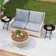 Round black folding side table with tempered glass top, ideal for indoor and outdoor use, shown in a patio setting.